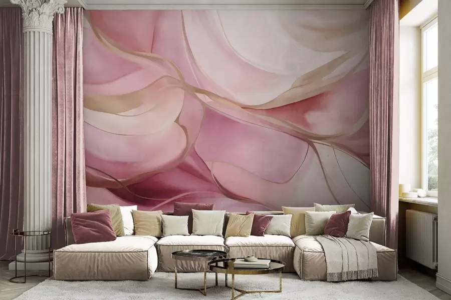 wall murals Апстрактни текстурирани течни облици у нијансама ружичасте и беж боје са нежним жутим линијама w09818