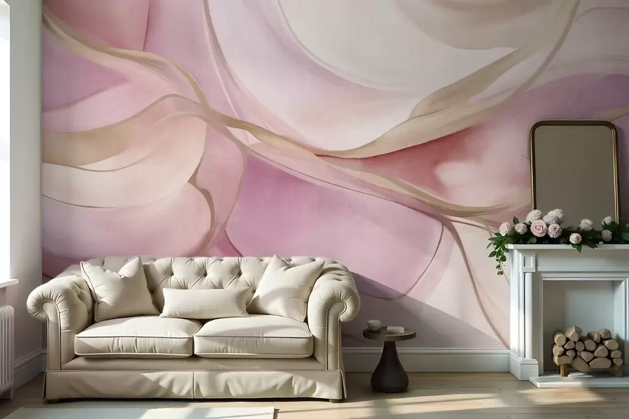 wall murals Апстрактни текстурирани течни облици у нијансама ружичасте и беж боје са нежним жутим линијама w09818