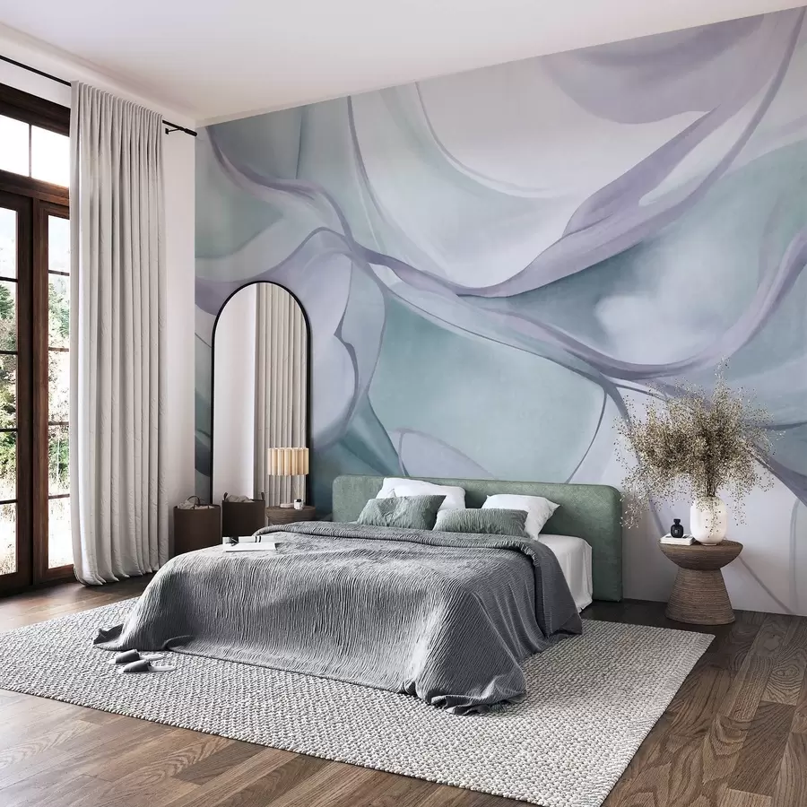 wall murals Апстрактни текстурирани течни облици у нијансама плаве и сиве са нежним линијама w09818v1