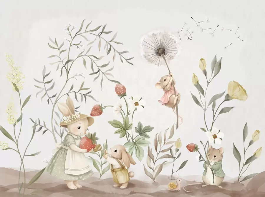 wall murals Дечја илустрација зеке, миша међу биљкама и цвећем w05422