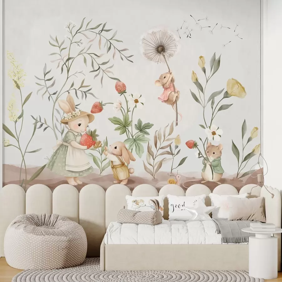 wall murals Дечја илустрација зеке, миша међу биљкама и цвећем w05422