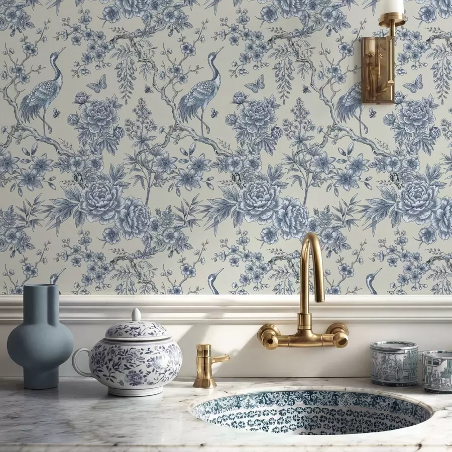 wall murals Плави цветни орнамент са птицом и гранама a01132