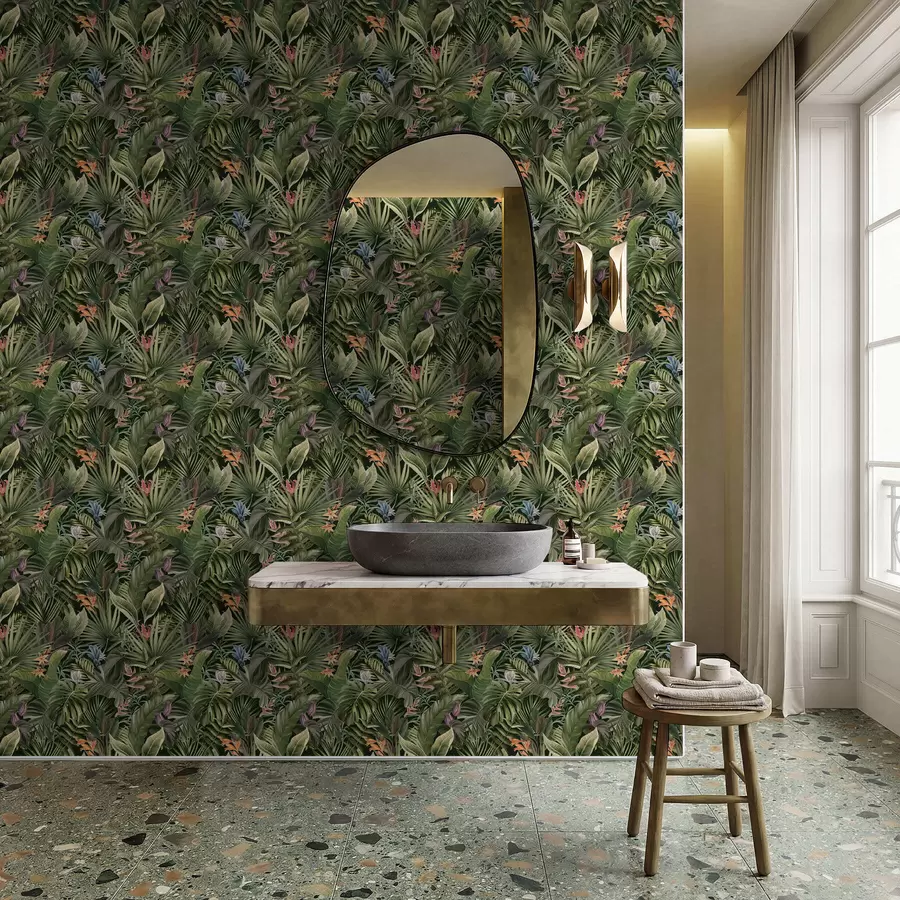 wall murals Тропско лишће са цвећем на тамној позадини a01153