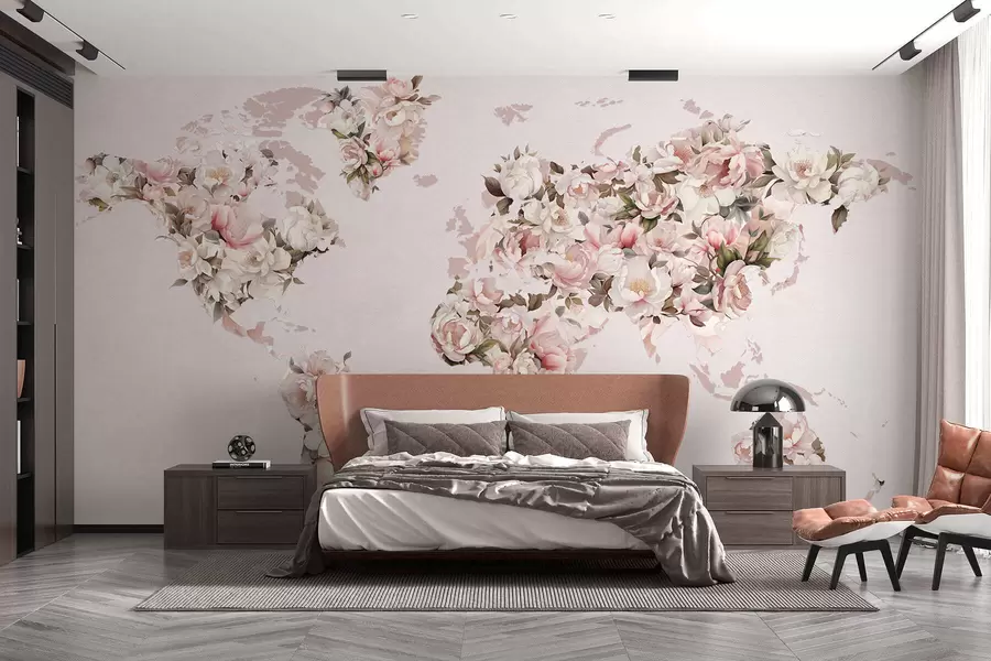 wall murals Ружичаста мапа света направљена од великих белих и ружичастих божура c00005