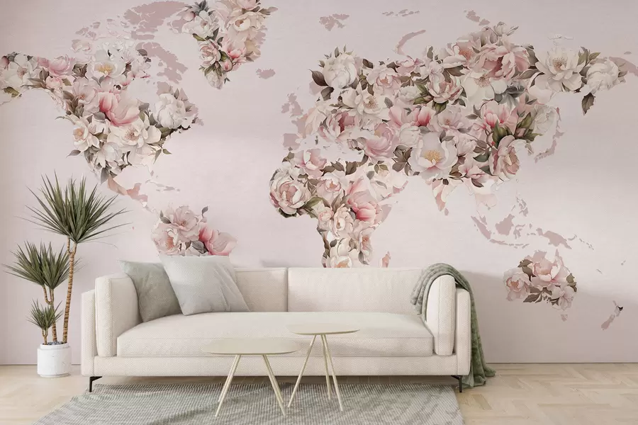 wall murals Ружичаста мапа света направљена од великих белих и ружичастих божура c00005