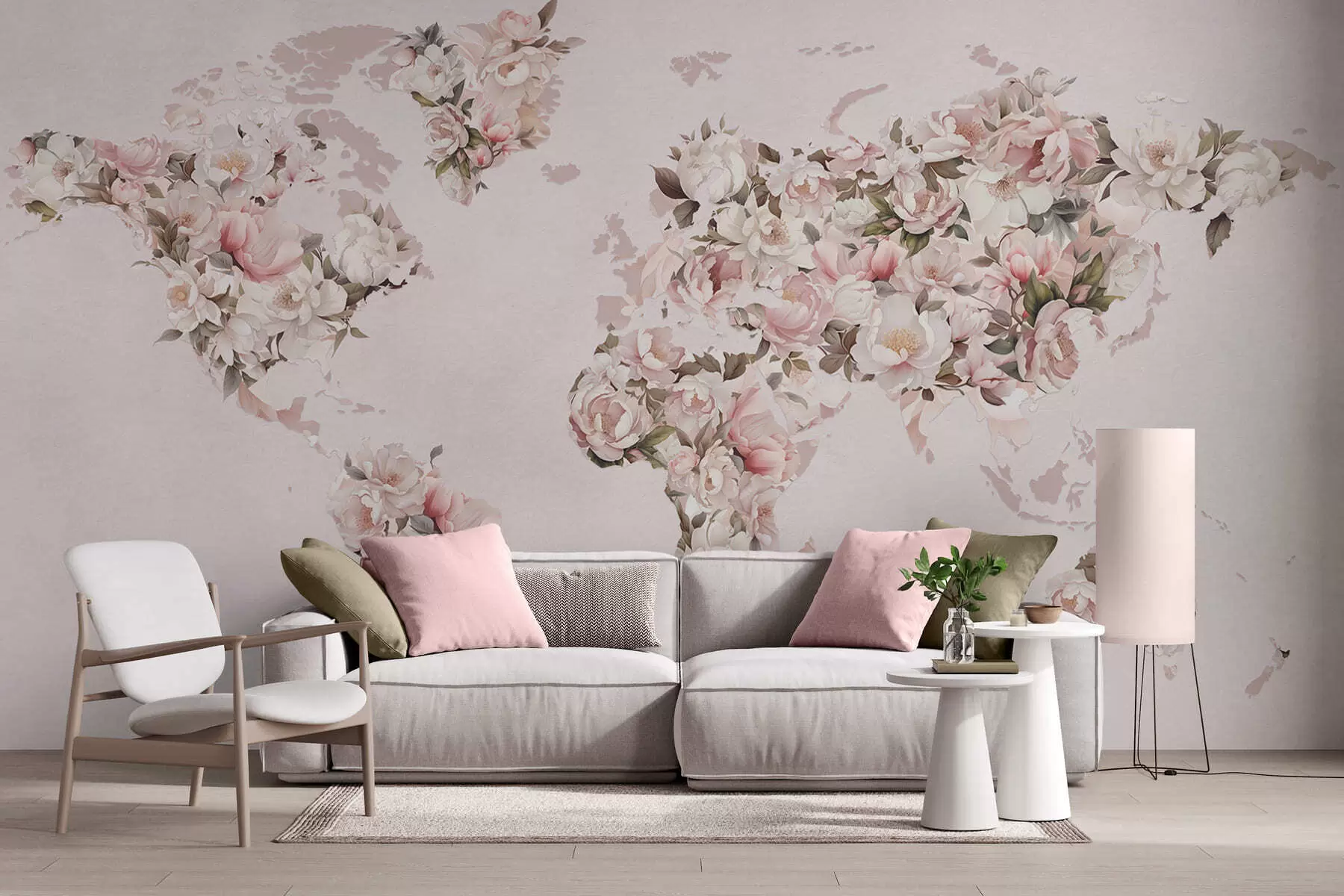 wall murals Ружичаста мапа света направљена од великих белих и ружичастих божура c00005