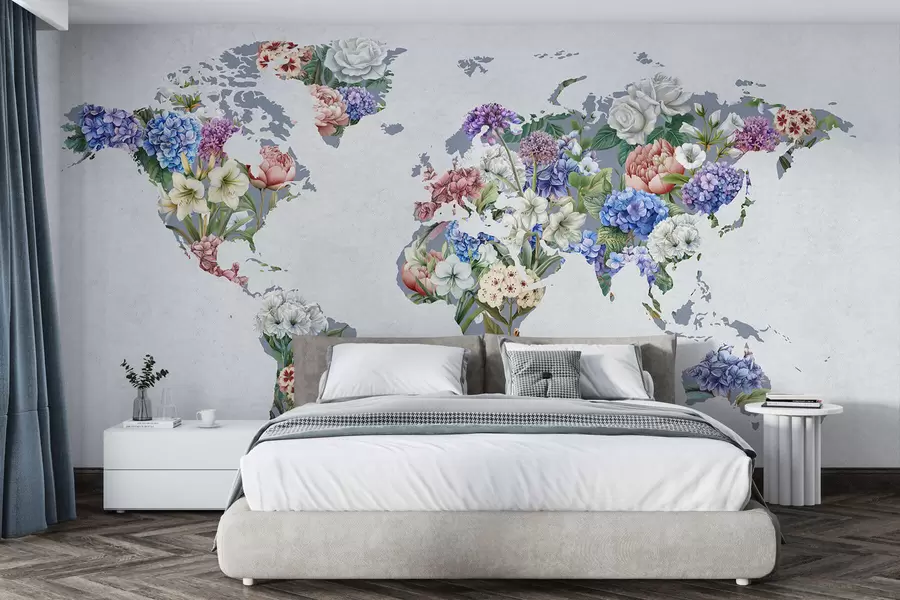 wall murals Шарена мапа света направљена од разних живописних цветова c00006