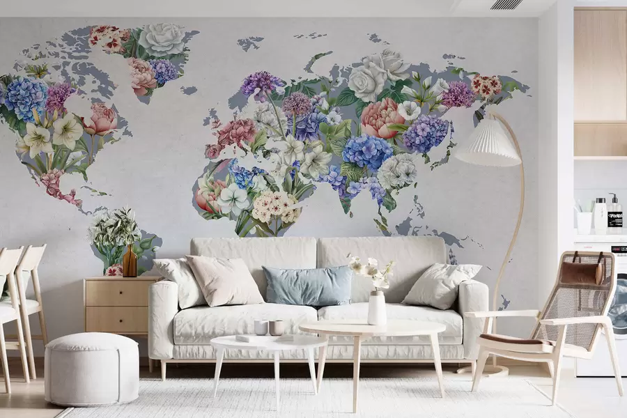 wall murals Шарена мапа света направљена од разних живописних цветова c00006