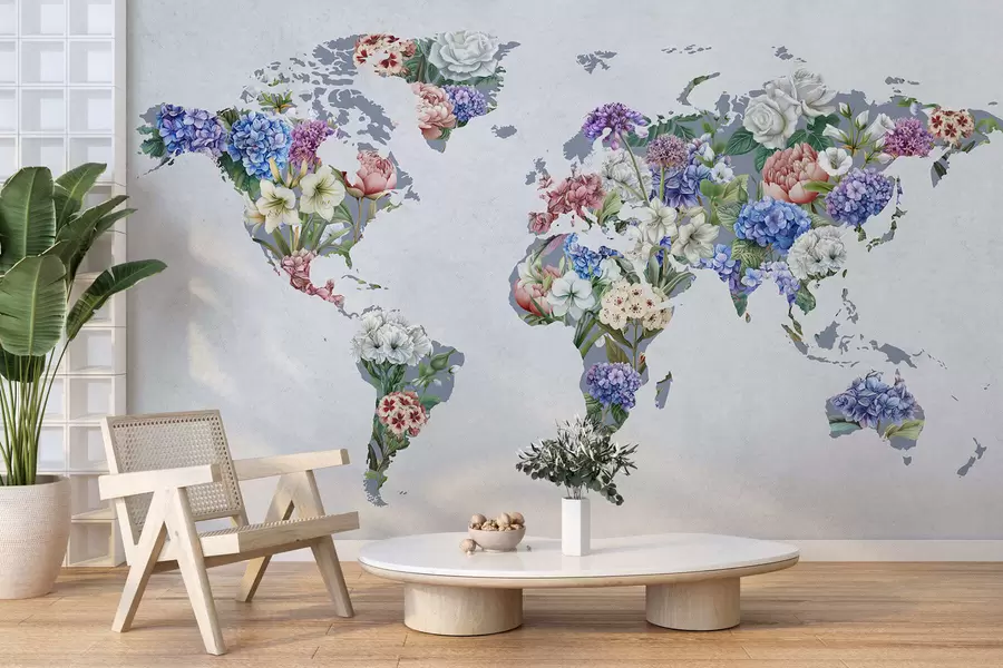 wall murals Шарена мапа света направљена од разних живописних цветова c00006