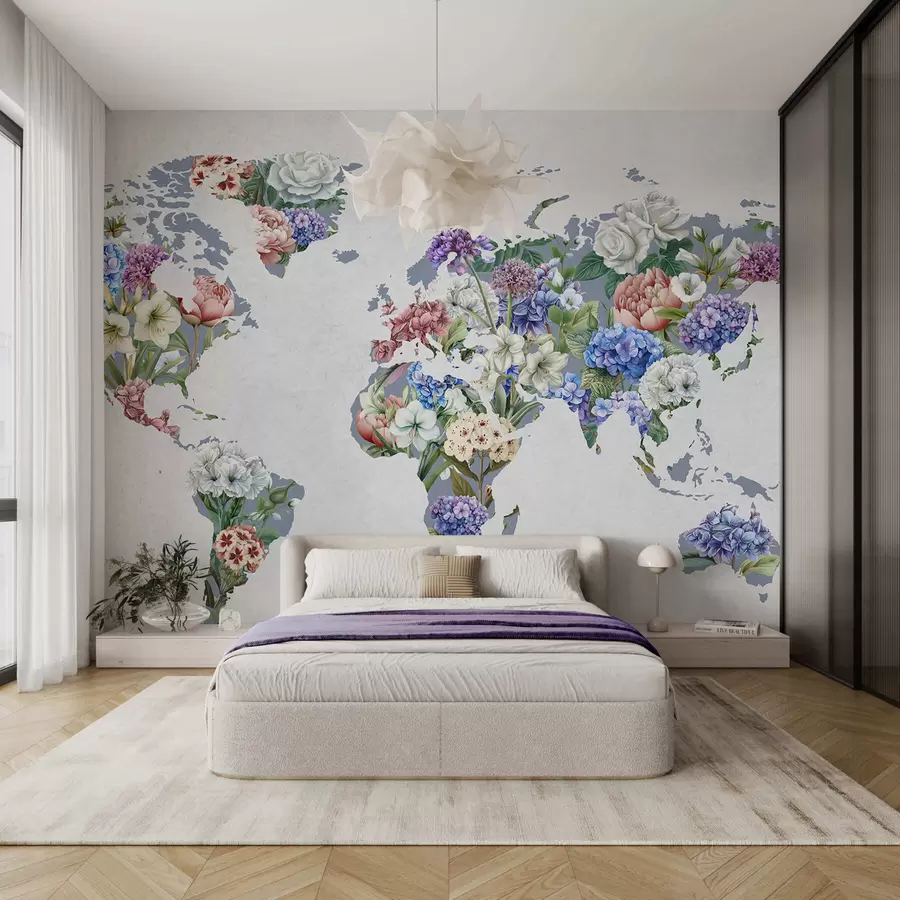 wall murals Шарена мапа света направљена од разних живописних цветова c00006