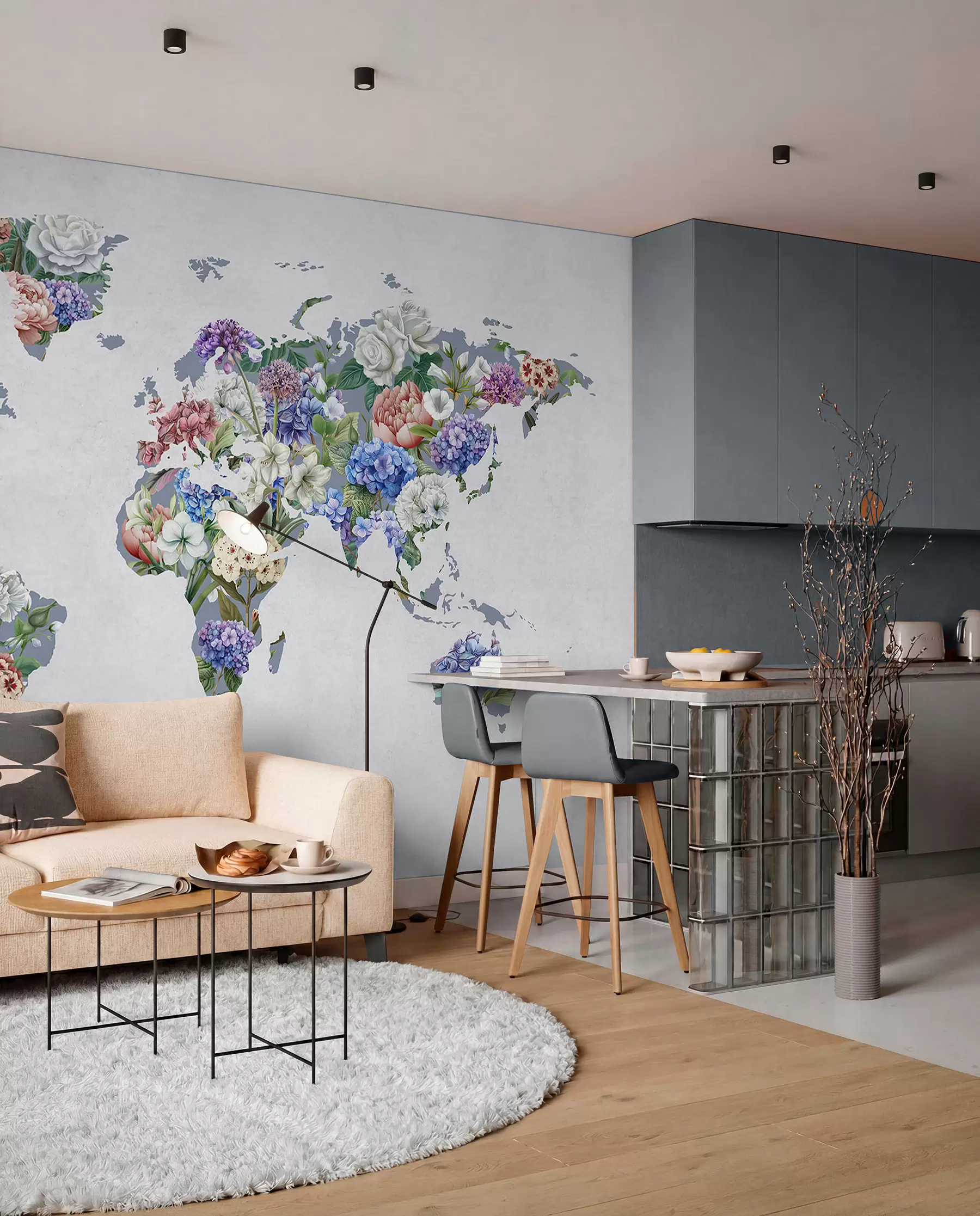 wall murals Шарена мапа света направљена од разних живописних цветова c00006