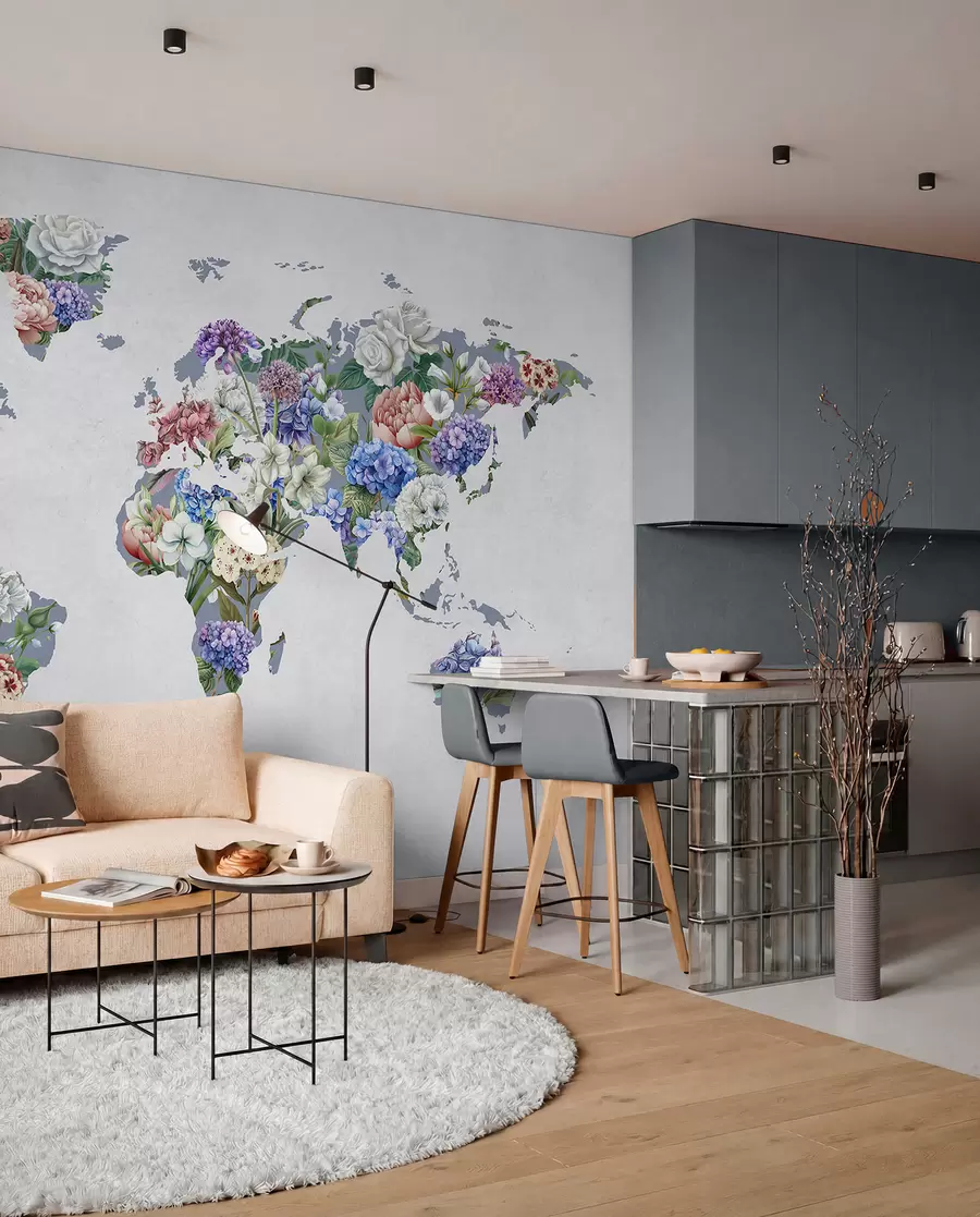 wall murals Шарена мапа света направљена од разних живописних цветова c00006