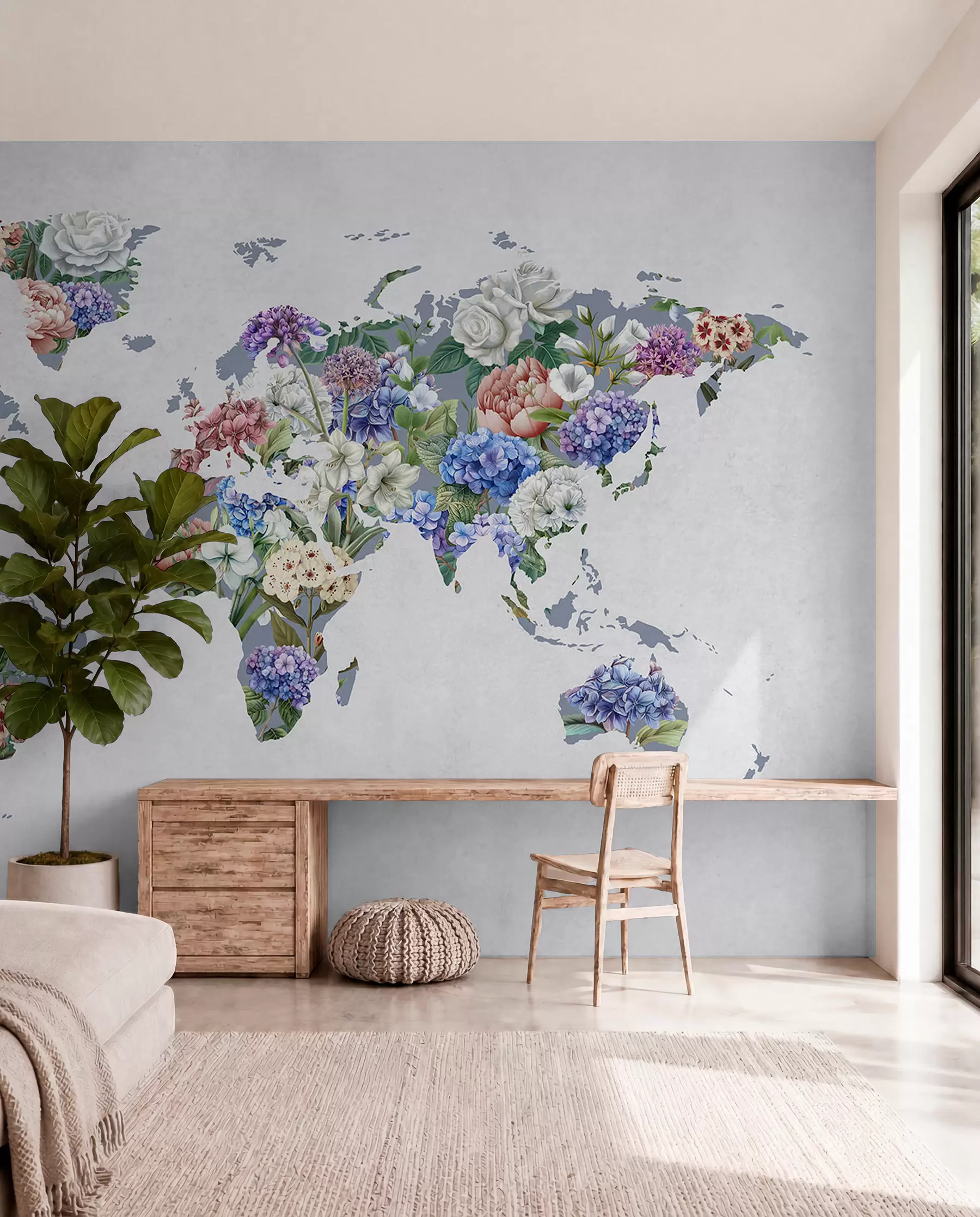 wall murals Шарена мапа света направљена од разних живописних цветова c00006