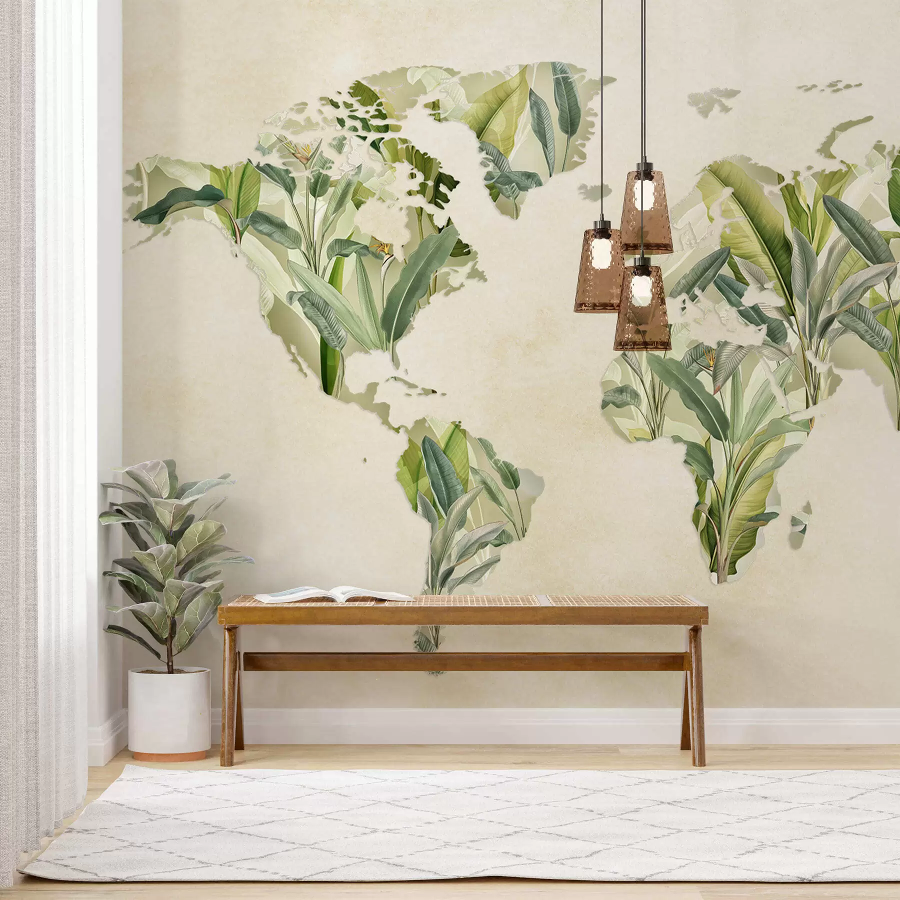 wall murals Зелена мапа света направљена од листова банане c00007