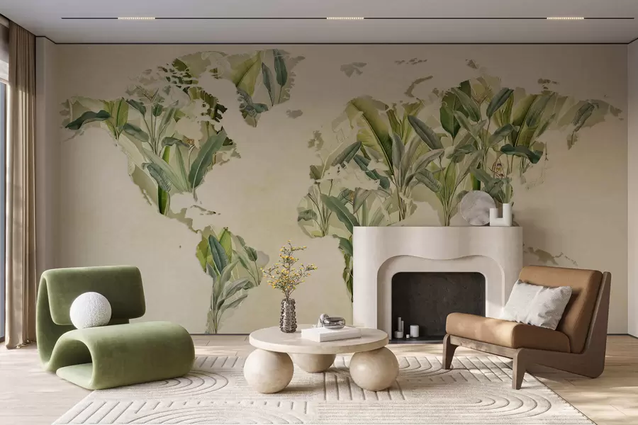 wall murals Зелена мапа света направљена од листова банане c00007