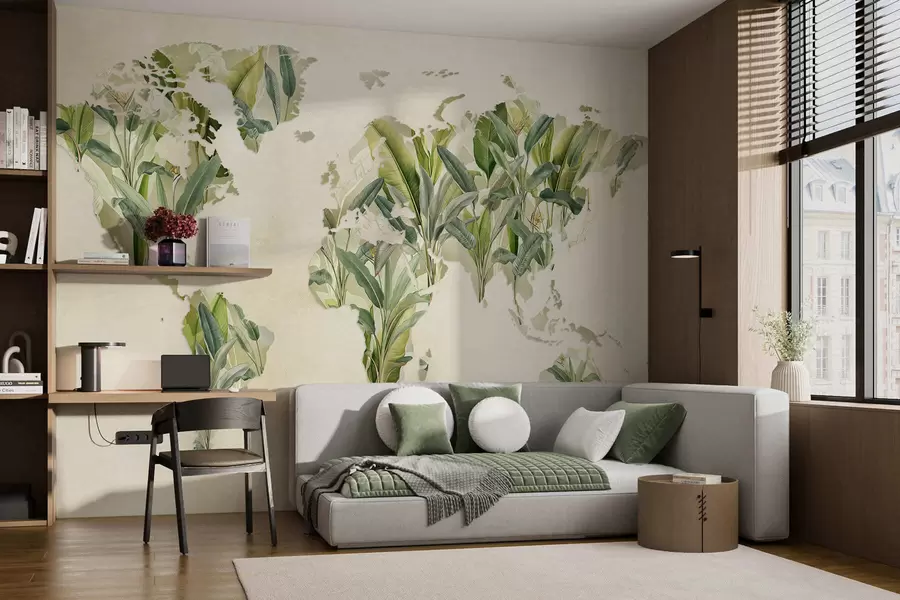 wall murals Зелена мапа света направљена од листова банане c00007