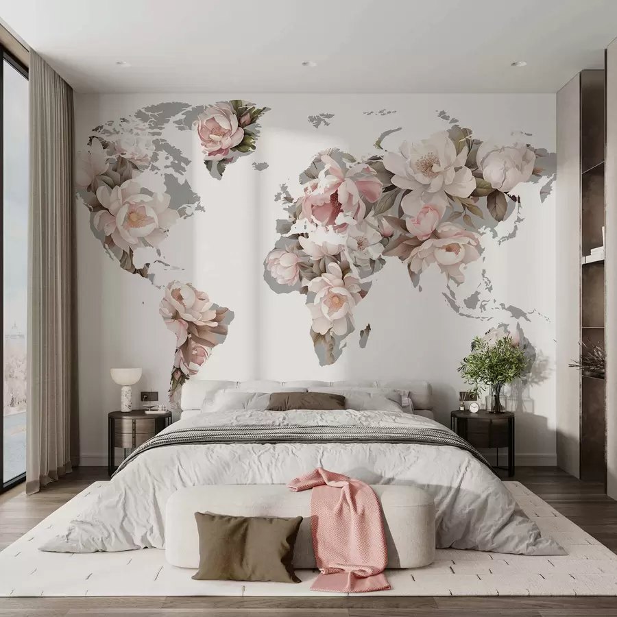 wall murals Нежна, кремаста мапа света направљена од цвећа c00008