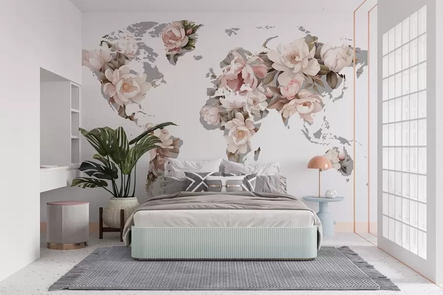 wall murals Нежна, кремаста мапа света направљена од цвећа c00008