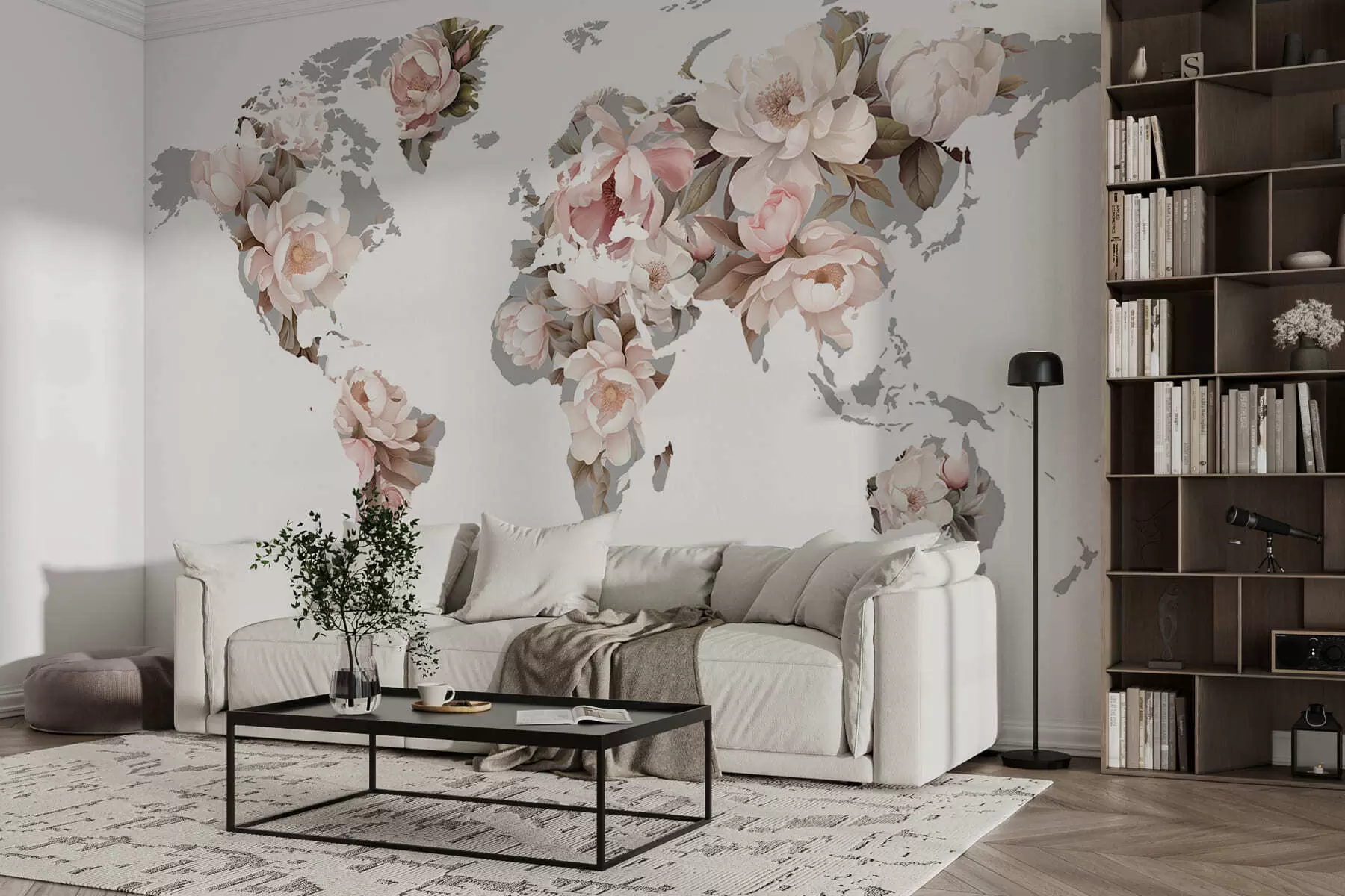 wall murals Нежна, кремаста мапа света направљена од цвећа c00008