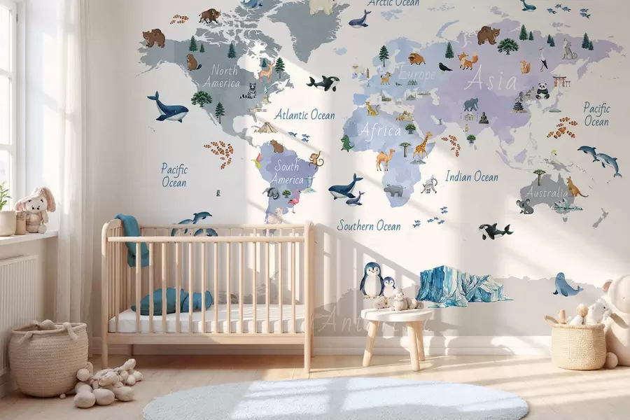 wall murals Плава мапа у акварелу са животињама, биљкама и архитектуром. Ознаке на енглеском језику. c00009env1