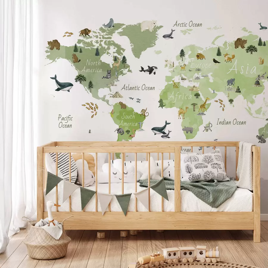 wall murals Зелена мапа у акварелу са животињама, биљкама и архитектуром. Ознаке на енглеском језику. c00009env2