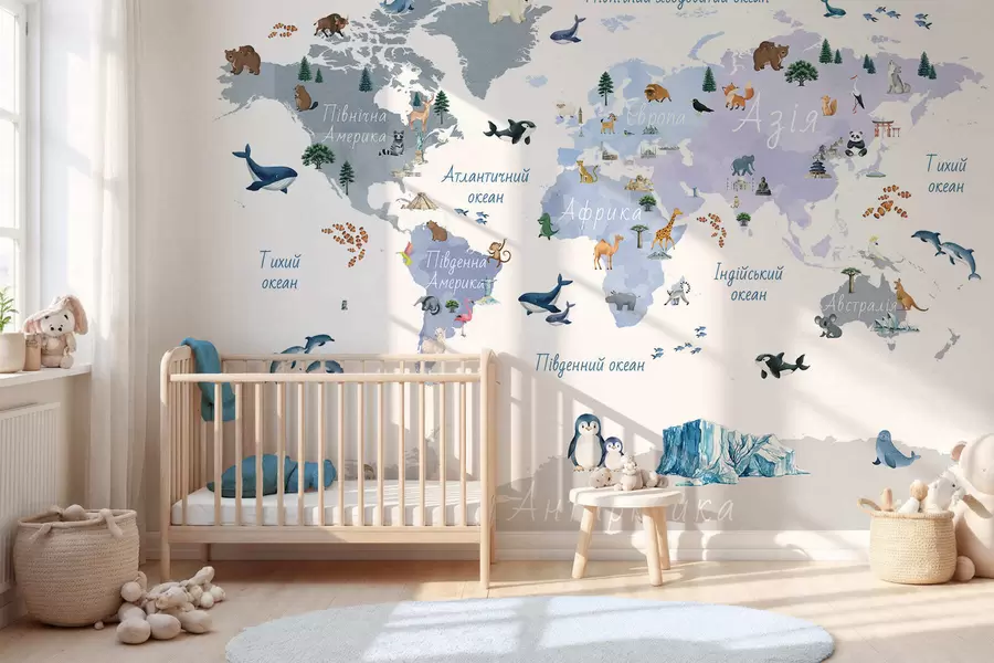 wall murals Плава мапа у акварелу са животињама, биљкама и архитектуром. Ознаке на украјинском језику. c00009ukv1