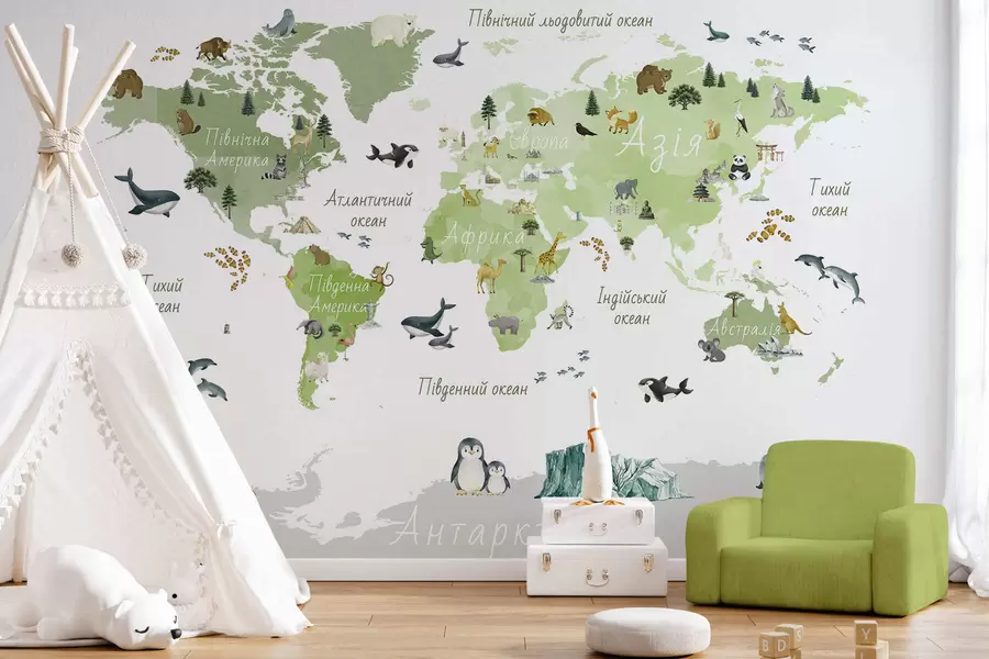 wall murals Зелена мапа у акварелу са животињама, биљкама и архитектуром. Ознаке на украјинском језику. c00009ukv2