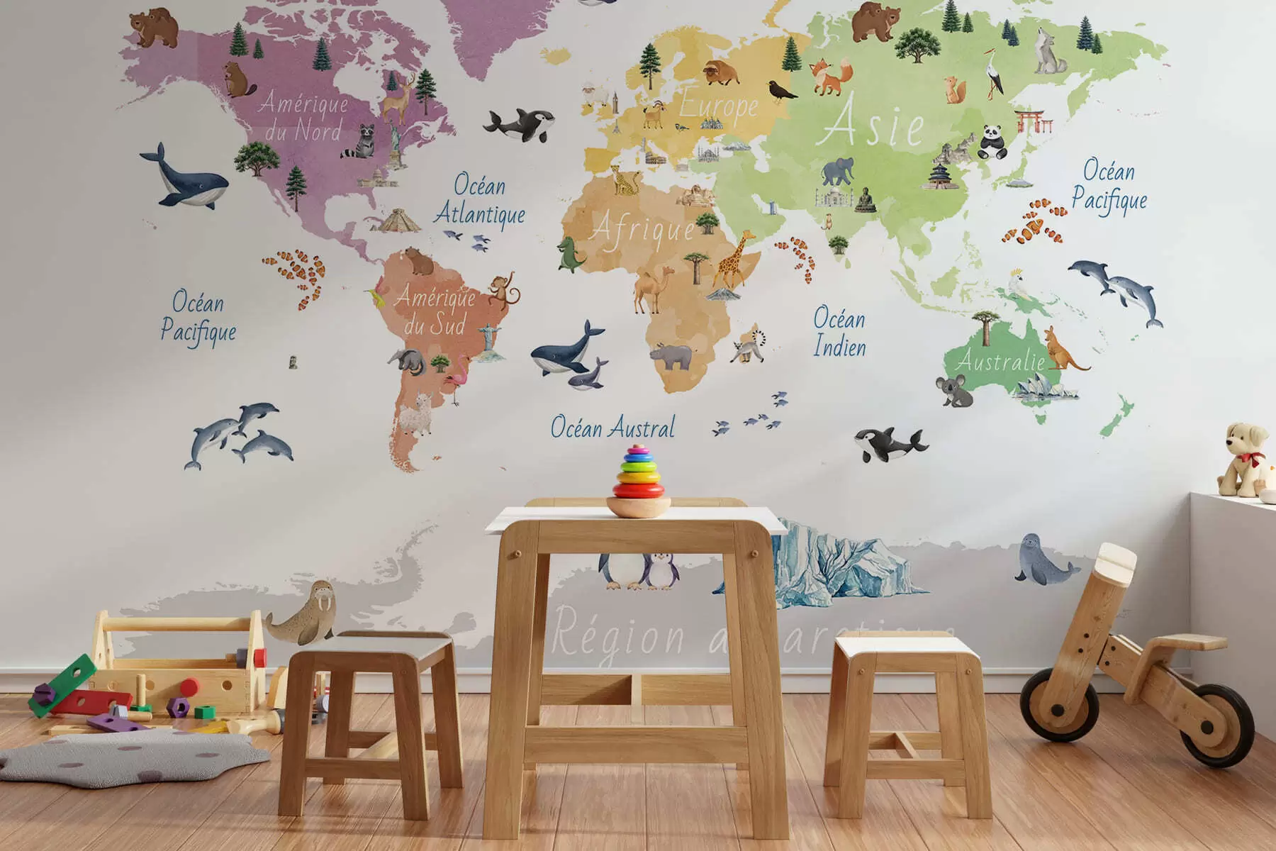 wall murals Мапа у боји у акварелном стилу са животињама, биљкама и архитектуром. Ознаке на француском језику. c00009fr
