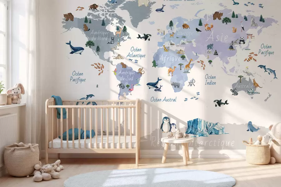 wall murals Плава мапа у акварелу са животињама, биљкама и архитектуром. Ознаке на француском језику. c00009frv1