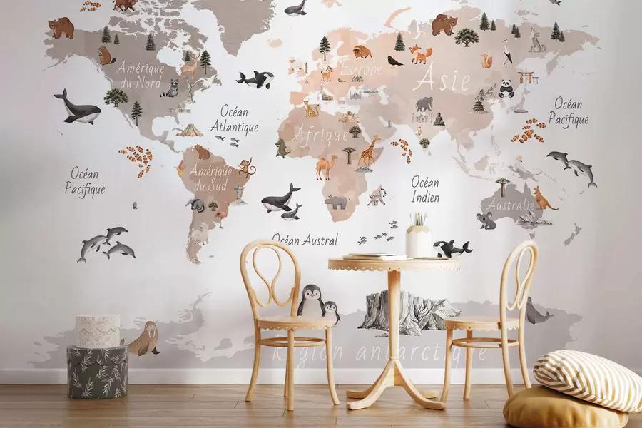 wall murals Беж мапа у акварелу са животињама, биљкама и архитектуром. Ознаке на француском. c00009frv3