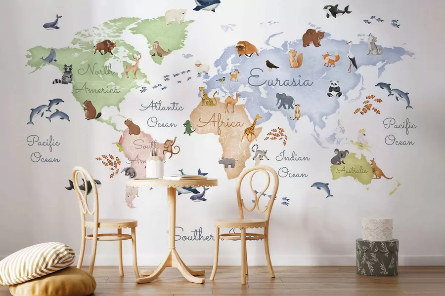 wall murals Мапа у боји у акварелу са животињама. Ознаке на енглеском језику. c00012en
