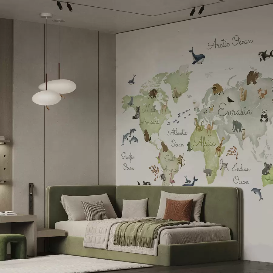 wall murals Зелена мапа у акварелу са животињама. Ознаке на енглеском језику. c00012env2