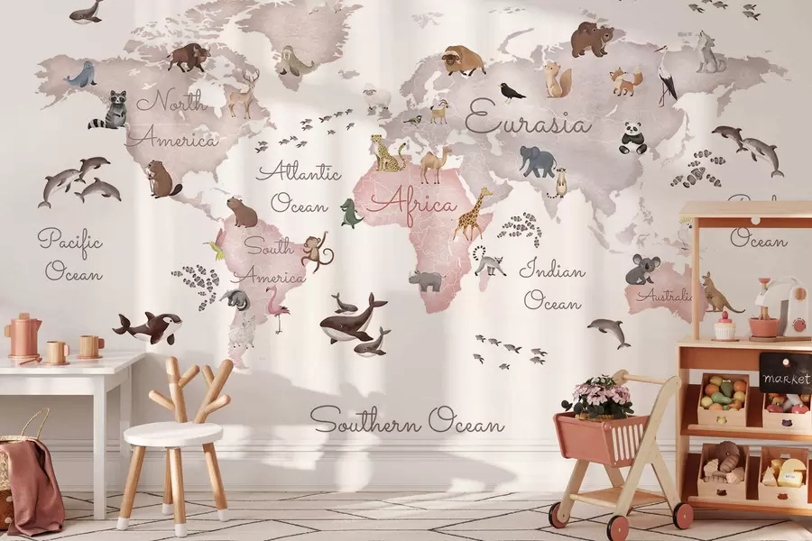wall murals Беж мапа у акварелу са животињама. Ознаке на енглеском језику. c00012env3