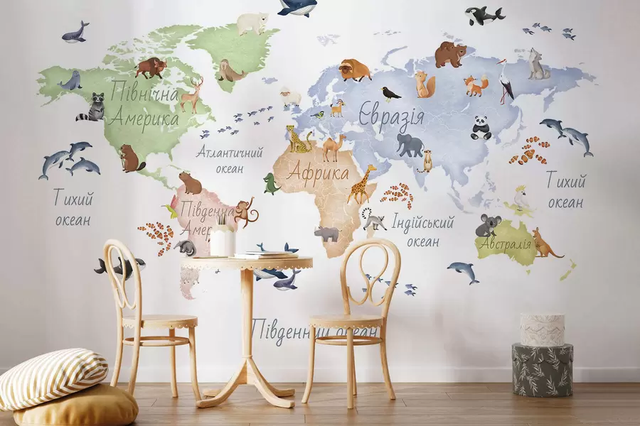 wall murals Мапа у боји у акварелу са животињама. Ознаке на украјинском језику. c00012uk