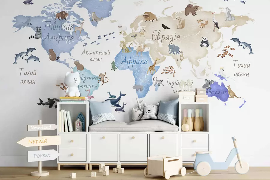 wall murals Плава мапа у акварелу са животињама. Ознаке на украјинском језику. c00012ukv1