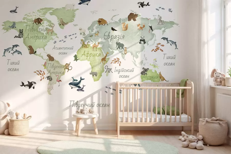 wall murals Зелена мапа у акварелу са животињама. Ознаке на украјинском језику. c00012ukv2