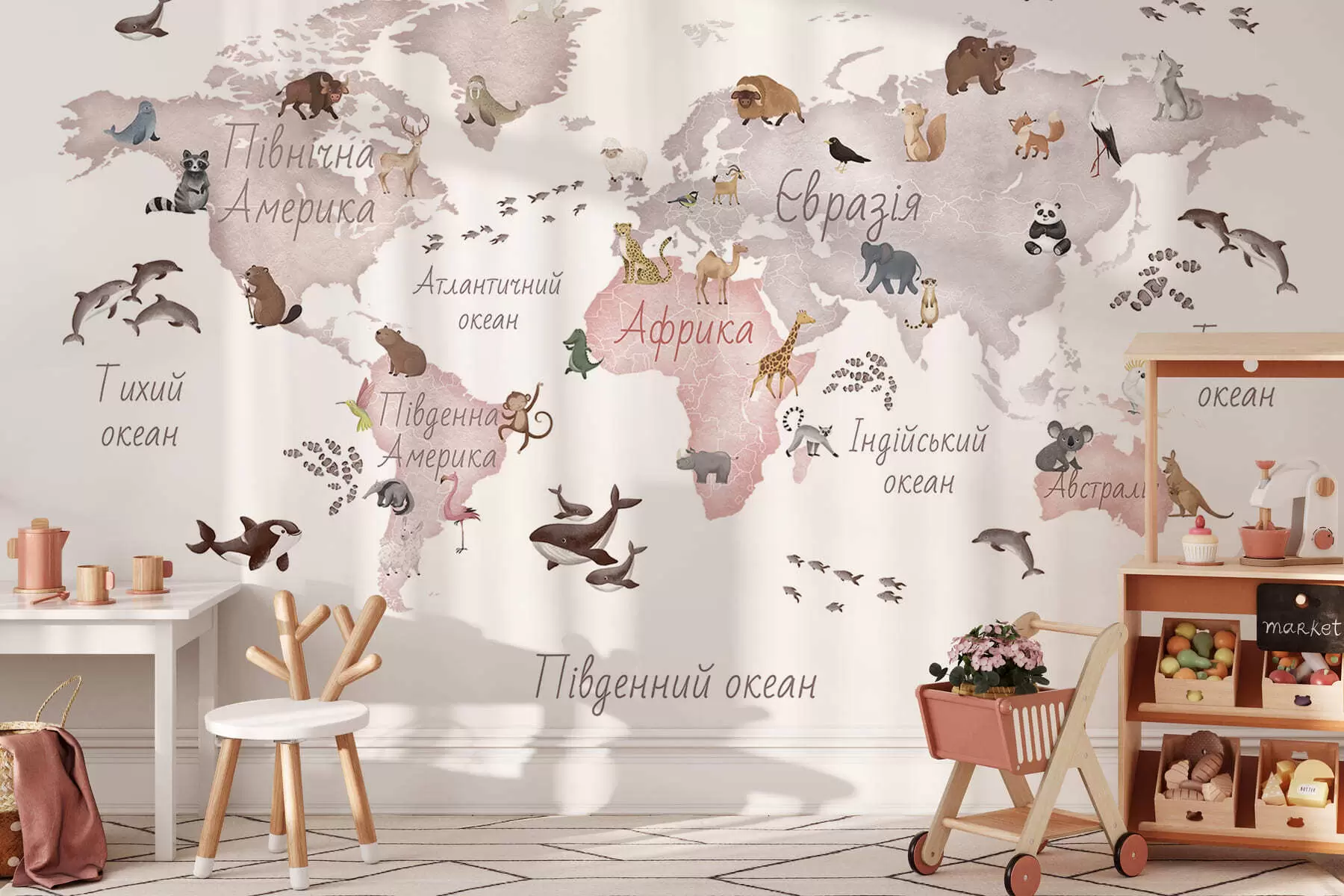 wall murals Беж мапа у акварелу са животињама. Ознаке на украјинском језику. c00012ukv3