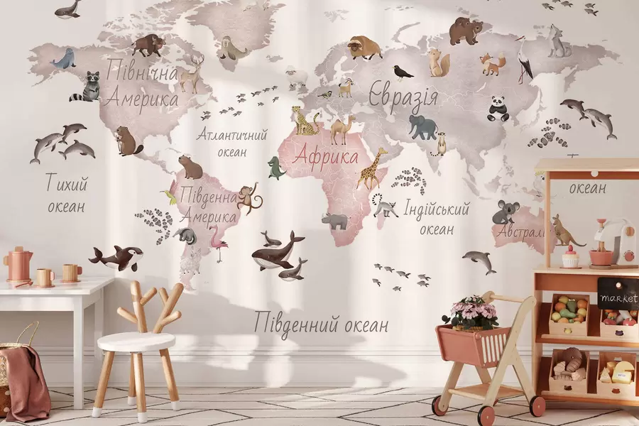 wall murals Беж мапа у акварелу са животињама. Ознаке на украјинском језику. c00012ukv3