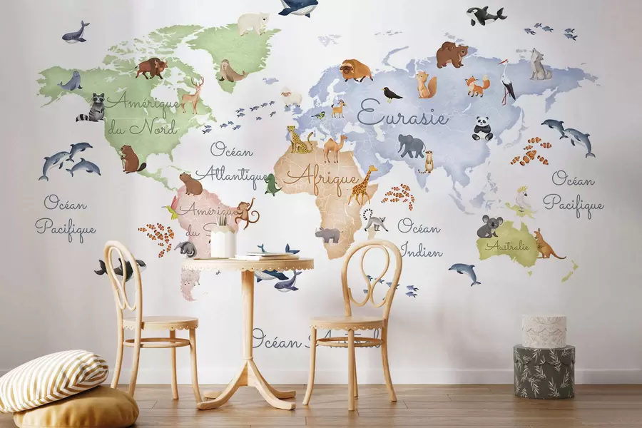 wall murals Мапа у боји у акварелу са животињама. Ознаке на француском c00012fr