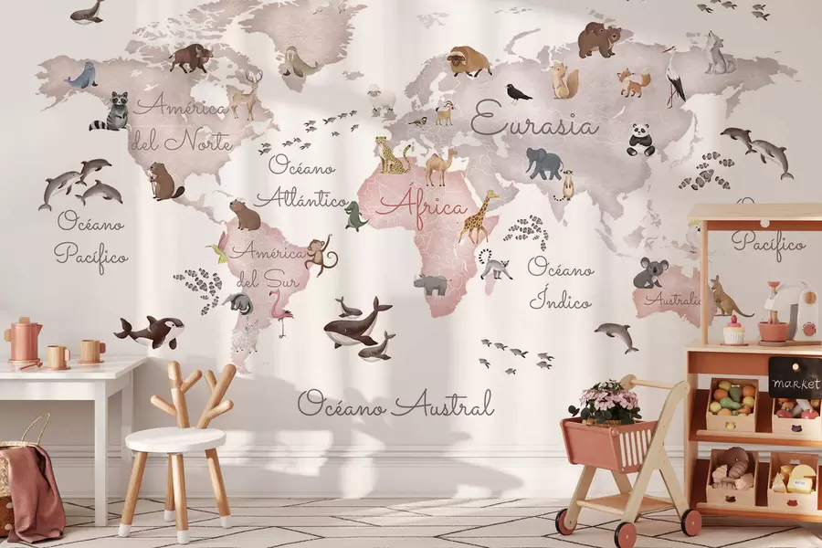 wall murals Беж мапа у акварелу са животињама. Ознаке на шпанском. c00012esv3