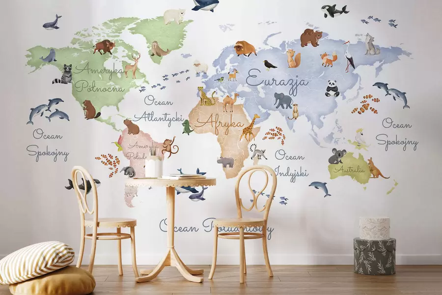wall murals Мапа у боји у акварелу са животињама. Ознаке на пољском језику. c00012pl