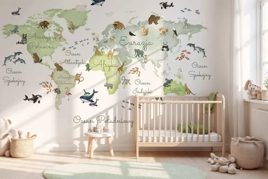 wall murals Зелена мапа у акварелу са животињама. Ознаке на пољском. c00012plv2