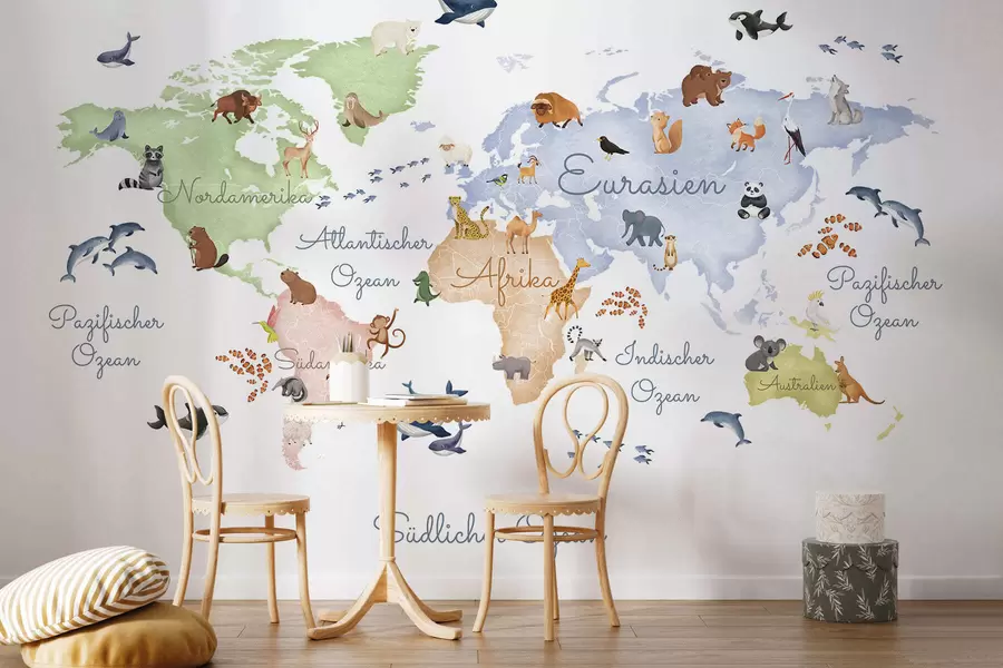 wall murals Бела мапа у акварелу са животињама. Ознаке на немачком језику. c00012de