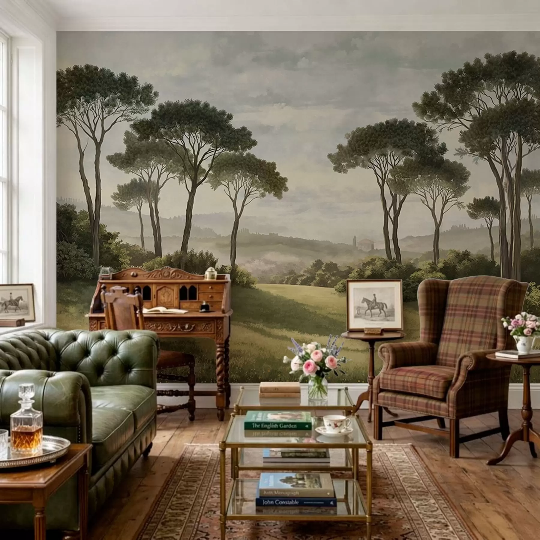 wall murals Пејзаж са дрвећем, ливадом и далеком маглом w05122v1