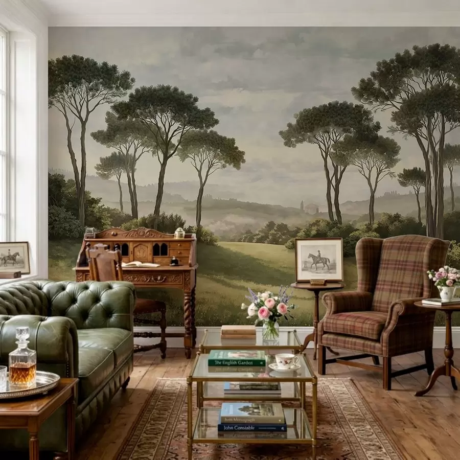 wall murals Пејзаж са дрвећем, ливадом и далеком маглом w05122v1