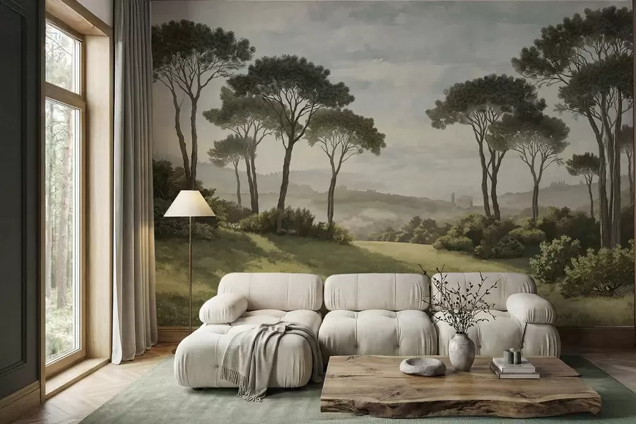 wall murals Пејзаж са дрвећем, ливадом и далеком маглом w05122v1