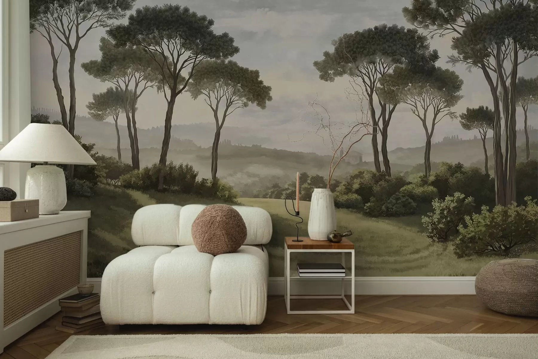 wall murals Пејзаж са дрвећем, ливадом и далеком маглом w05122v1