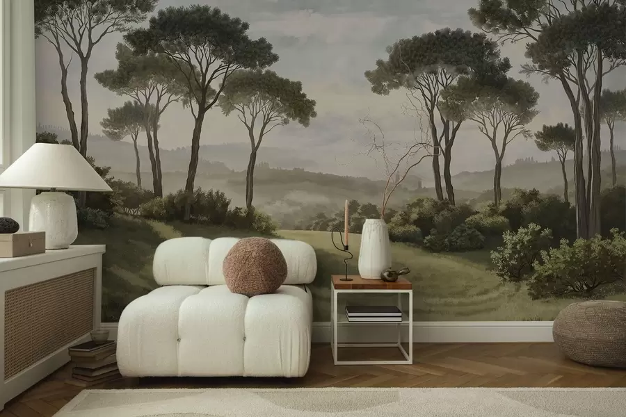 wall murals Пејзаж са дрвећем, ливадом и далеком маглом w05122v1