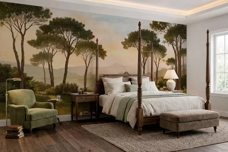 wall murals Пејзаж са дрвећем у топлој светлости заласка сунца w05122