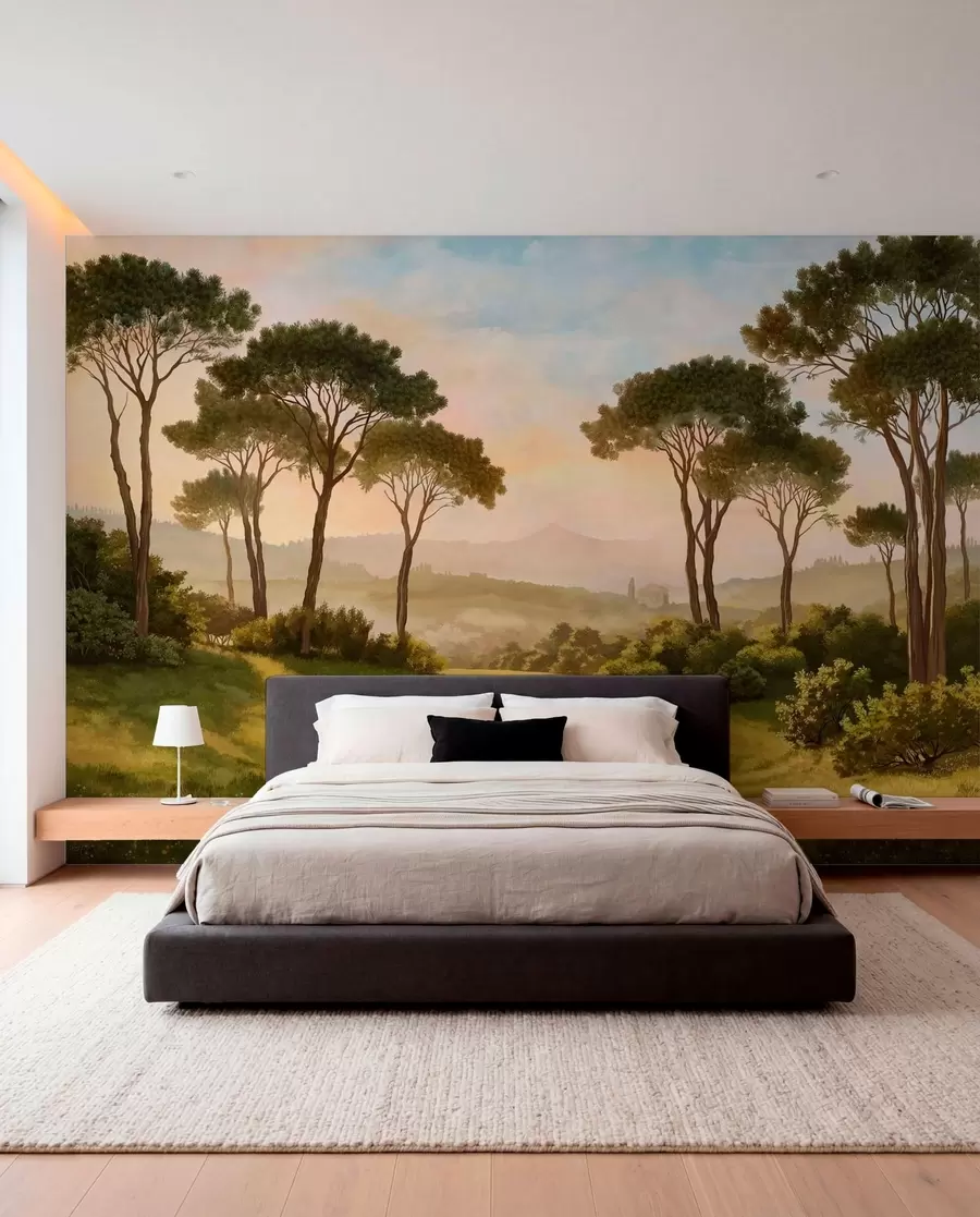 wall murals Пејзаж са дрвећем у топлој светлости заласка сунца w05122